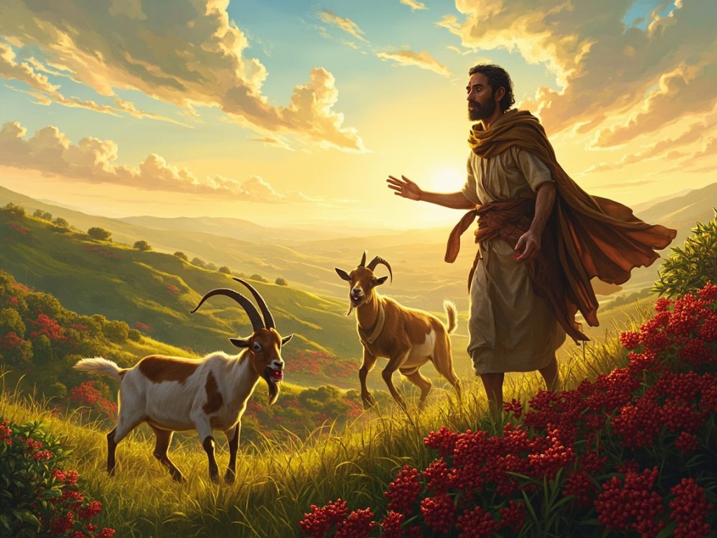 Illustration of Kaldi legend with his goats discovering coffee berries for the first time